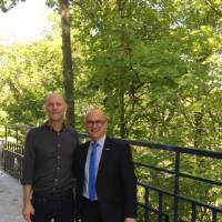 Professor Golembeski with Guillaume LaCroix on the Little Mac Bridge